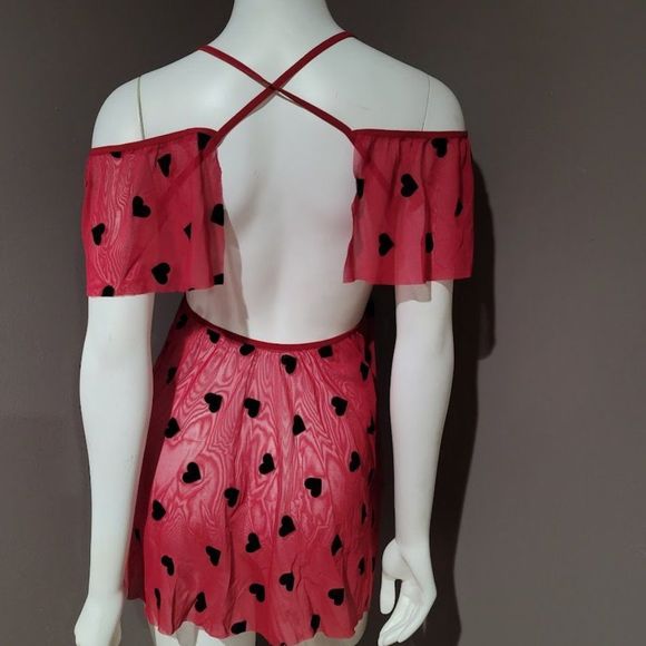 Heart Print Ruffle Mesh Slip Lingerie - Picture 4 of 7